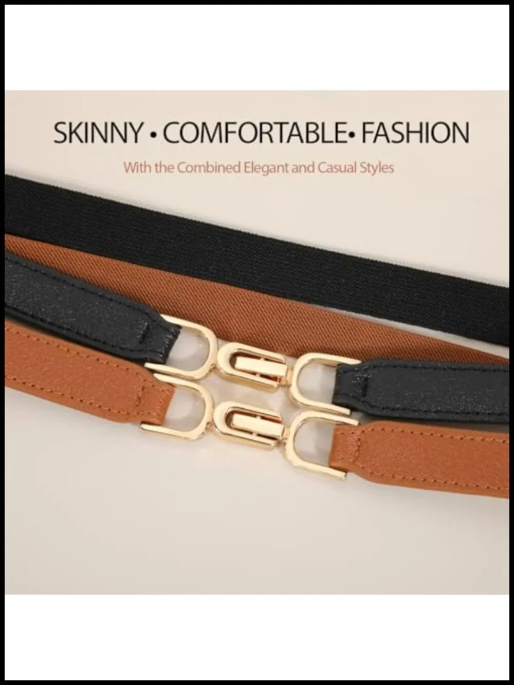Women's Stretch Skinny Belt with Gold Buckle Set of 2, PU Leather